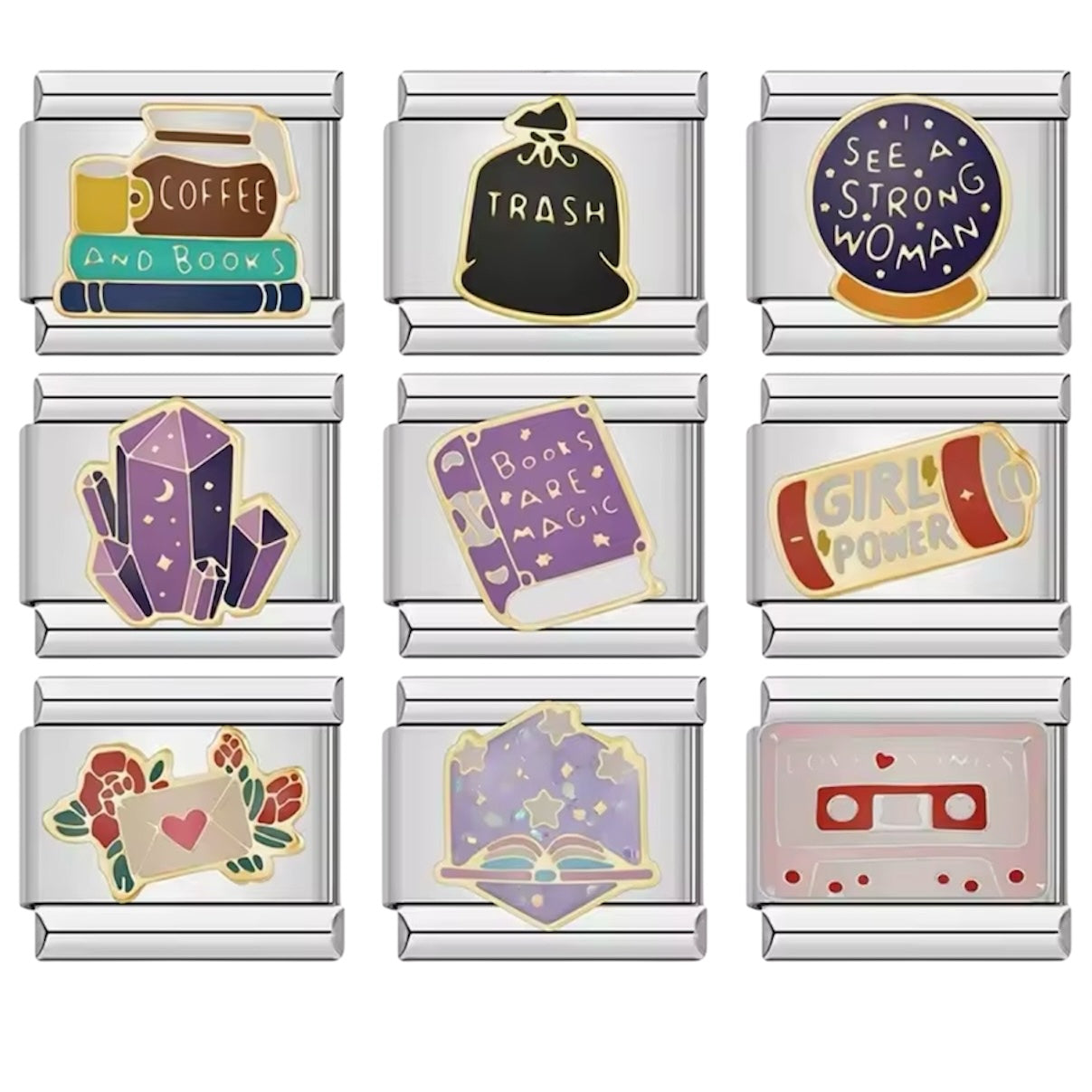 CHARMS BRAZALETES ITALIANOS BASURA, CUARZOS, LIBROS Acero Inoxidable