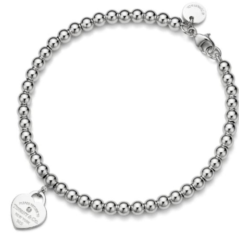 BRAZALETE RETURN TO TIFFANY BRAZALETE CON CUENTAS Y PLACA ESTILO CORAZĂN CON UN MINI DIAMANTE Plata s925