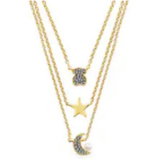 COLLAR NOCTURNO CON DIAMANTES Y PERLA Recubrimiento en Oro